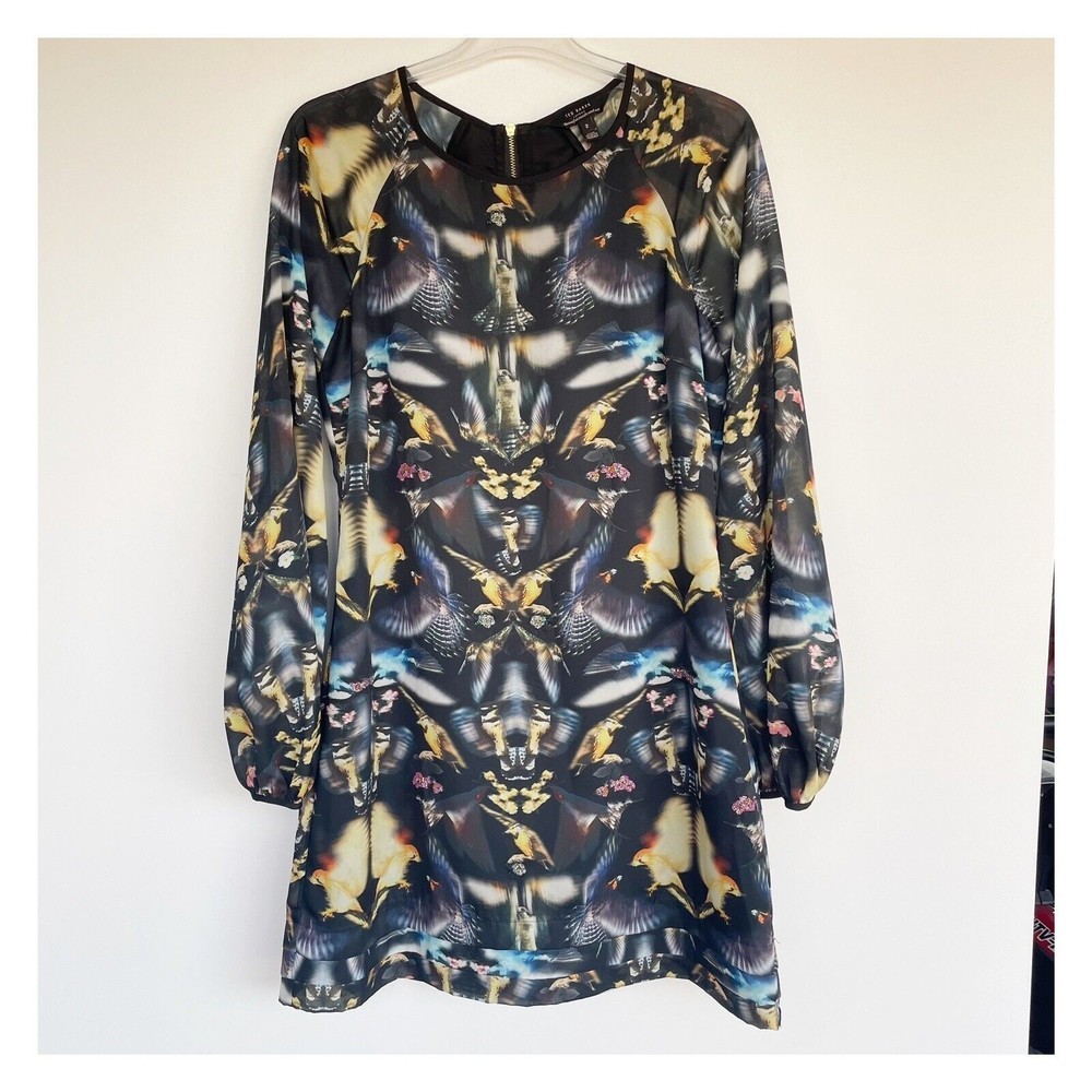 TED BAKER BLACK & MULTI COLOURED BIRD PRINT LONG SLEEVE DRESS SIZE 2 US 6​